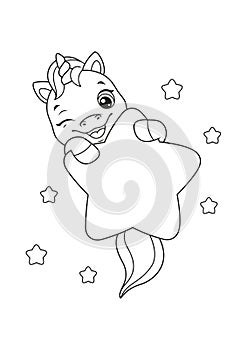 Cute baby unicorn with star Coloring Page