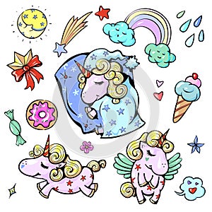 Cute baby unicorn vector illustration in pastel rainbow colors sleeping happy sweet