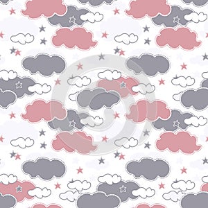 Cute Baby vector seamless pattern. Cartoon gray and white clouds and stars on white background. Sweet Template for desing, textile