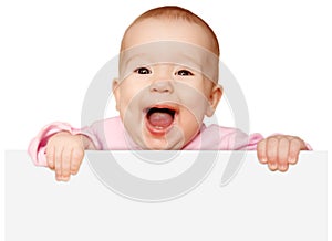 Cute baby with white blank banner isolated