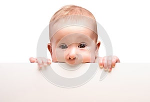 Cute baby with white blank banner isolated