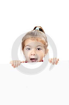 Cute baby with white blank banner isolated