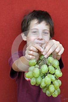 Cute baby who kindly offers grapes