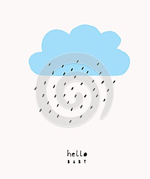 Cute BabyShower Vector Illustration with Blue Rainy Cloud.