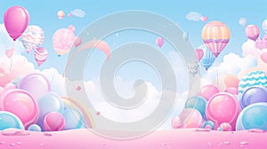 Cute background with balloons, clouds and sky. Vector illustration