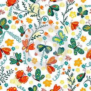 Cute background butterflies and flowers seamless pattern. Vector illustration. Summer floral repeat background for