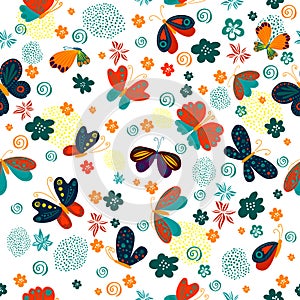 Cute background butterflies and flowers seamless pattern. Vector illustration. Summer floral repeat background for