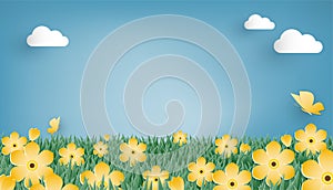 Cute background design for Summer or spring season of the meadow with yellow flowers and butterfly on blue sky and white cloud.