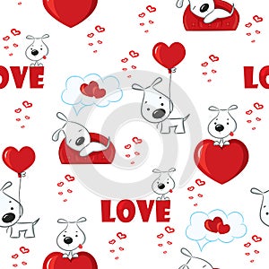 Cute background with dogs and hearts for Valentine's Day, seamless pattern