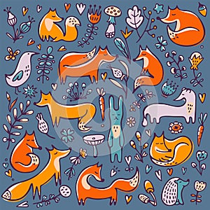 Cute background with foxes and floral elements