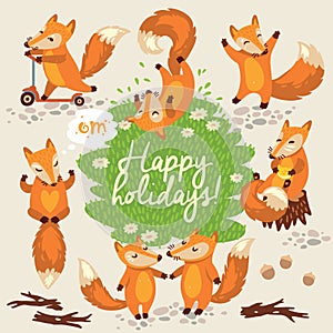 Cute background with foxes in vector