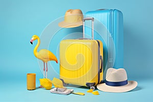 cute background suitcase sunglasses travel yellow blue vacation concept flamingo summer. Generative AI.