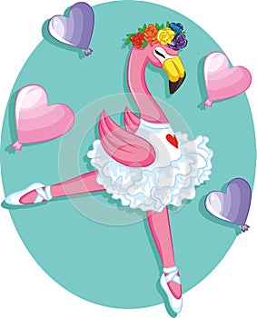 Cute ballerina  ballet girl pink baby flamingo with flowers and love balloon  floral wreath in a ballet dress