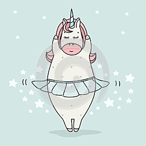 Cute ballerina dancer unicorn. Cartoon illustration. Doodle art of magic creature. Can be used for t-shirt print, fashion print de