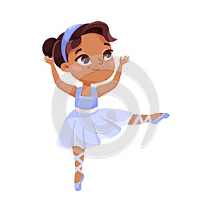 Cute Ballerina Girl in Blue Tutu Skirt and Pointe Shoes Dancing Ballet Vector Illustration