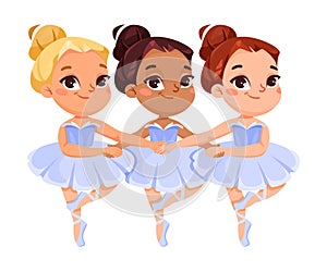 Cute Ballerina Girl in Blue Tutu Skirt and Pointe Shoes Dancing Ballet Vector Illustration