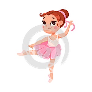 Cute Ballerina Girl in Pink Tutu Skirt and Pointe Shoes Dancing Ballet Vector Illustration