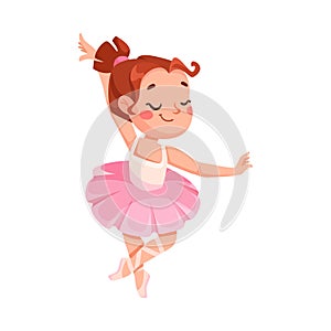 Cute Ballerina Girl in Pink Tutu Skirt and Pointe Shoes Dancing Ballet Vector Illustration