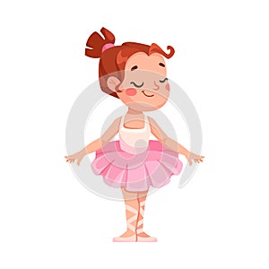 Cute Ballerina Girl in Pink Tutu Skirt and Pointe Shoes Dancing Ballet Vector Illustration