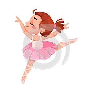 Cute Ballerina Girl in Pink Tutu Skirt and Pointe Shoes Dancing Ballet Vector Illustration