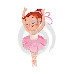 Cute Ballerina Girl in Pink Tutu Skirt and Pointe Shoes Dancing Ballet Vector Illustration