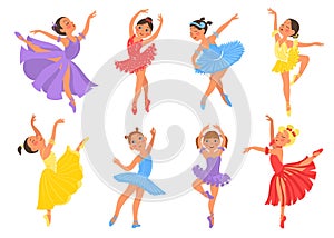 Cute ballerinas. Funny little girls in tutus and pointe shoes. Dance school. Ballet class students. Graceful poses