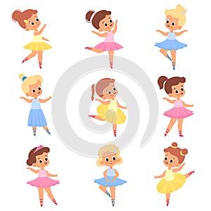 Cute ballerinas. Girls in tutus and pointe shoes. Young ballet dancers. Kids in different poses. Romantic characters