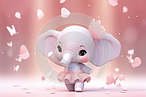 Cute ballet dancer elephant on pastel pink background. 3d illustration style