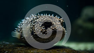 Cute balloonfish in multi colored coral reef, sharp underwater portrait generated by AI