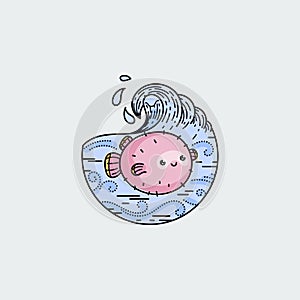 Cute balloonfish with wavy ocean. Nature exploration poster or label