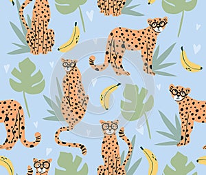 Cute banana and cheetah seamless pattern. Background with animals, banana and monstera.