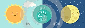 Cute banner for day and night shop with hand drawn smiling cartoon characters of Sun and Moon