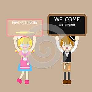 Cute barista boy and chef girl holding label blank paper speech bubble balloon
