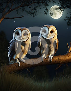 Cute barn owls at night