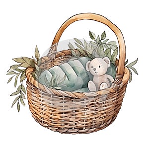 cute basket with teddy bear inside watercolor illustration