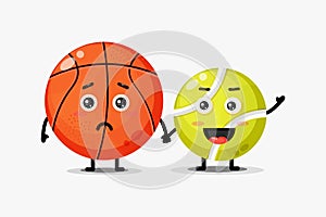 Cute basketball and tennis ball mascot holding hands
