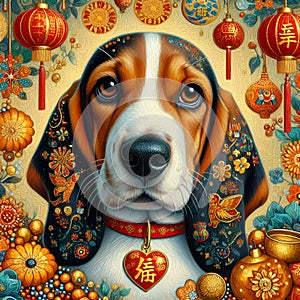 A cute basset hound dog, in chinese new year theme, unique, beautiful, red lampions, flower, Van Gogh painting style, animal art
