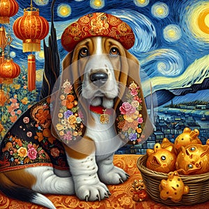 A cute basset hound dog in chinese style, with cute elements, lampion, flower, Van Gogh painting art, fashionable, unique, beauty