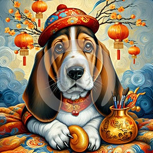 A cute basset hound dog, in chinese style painting, with flower, lampion, Van Gogh art, unique, beautiful, fantasy