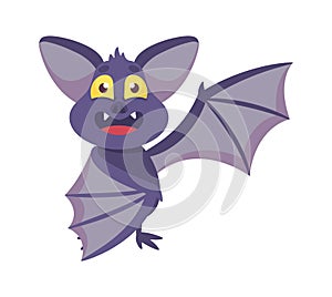 Cute Bat with Funny Face and Membranous Wings Isolated on White Background. Halloween Cartoon Happy Animal Character