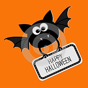 Cute bat with plate Happy Halloween card. Flat design.