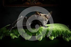 Cute bat resting on plush green cushion. Generate ai