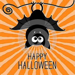 Cute bat. Sunburst background. Happy Halloween card. Flat design.