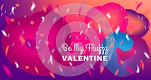 Cute Be My Valentine card with pink fluffy devil and hearts on disco party background with confetti