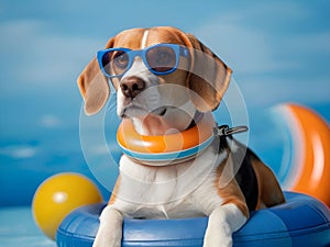 Cute beagle dog wearing sunglasses and a swimming ring. The concept of a summer holiday in sea