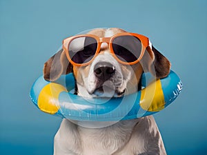 Cute beagle dog wearing sunglasses and a swimming ring. The concept of a summer holiday in sea