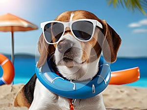Cute beagle dog wearing sunglasses and a swimming ring. The concept of a summer holiday in sea