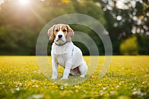 Cute Beagle puppy outdoors. Beagle breed. Color grading generative ai, a hunting dog