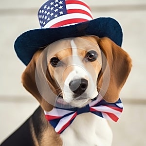 Cute Beagle in Uncle Sam hat against grey background. The 4th of July, Independence Day of USA