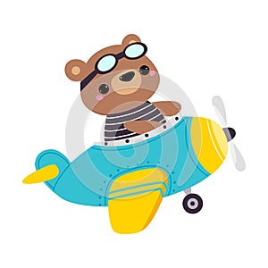 Cute Bear Animal with Goggles Flying on Airplane with Propeller Vector Illustration